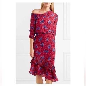 SALONI Lexie 100% SILK Floral Asymmetrical Ruffle Pleat Off Shoulder Dress US 0